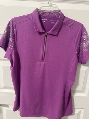 Antigua Women's Magenta Zip Golf Polo with Geometric Sleeve Accents